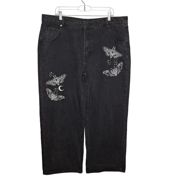 Disturbia Thysania Wide Leg Jeans 38 US 16 Embroidered Death Head Moth Goth Alt - Picture 1 of 9